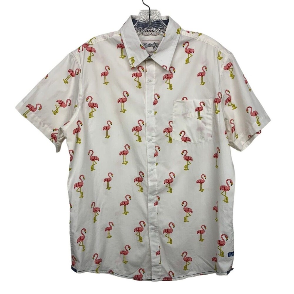 Huntington BC Men's size M White w Pink Flamingos Button Down Surf Shirt